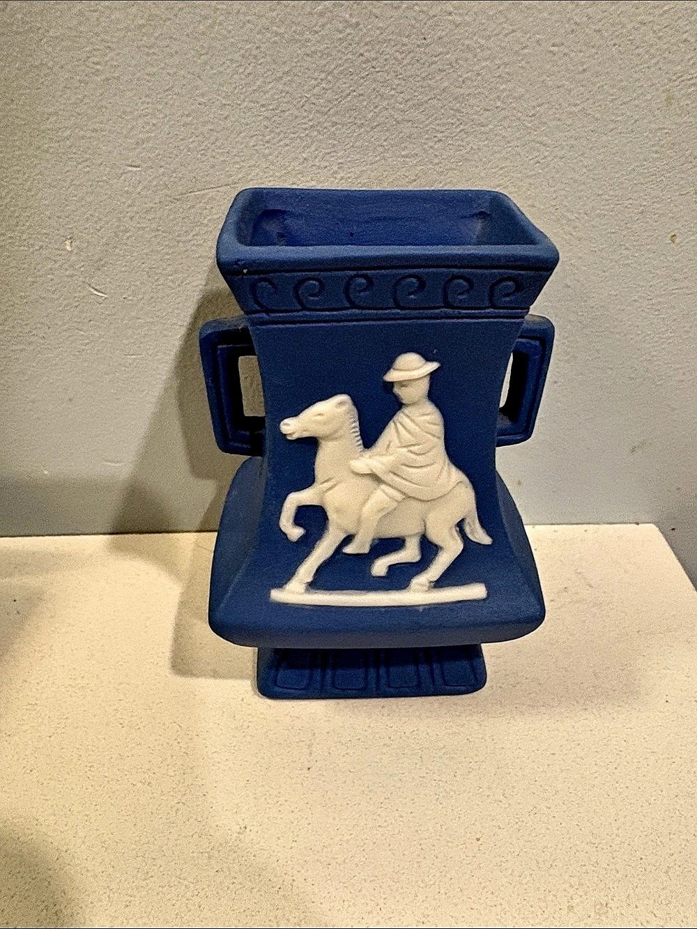 Vintage Jasperware-styled Miniature Vase Blue Bisque with White Horse & Rider Re